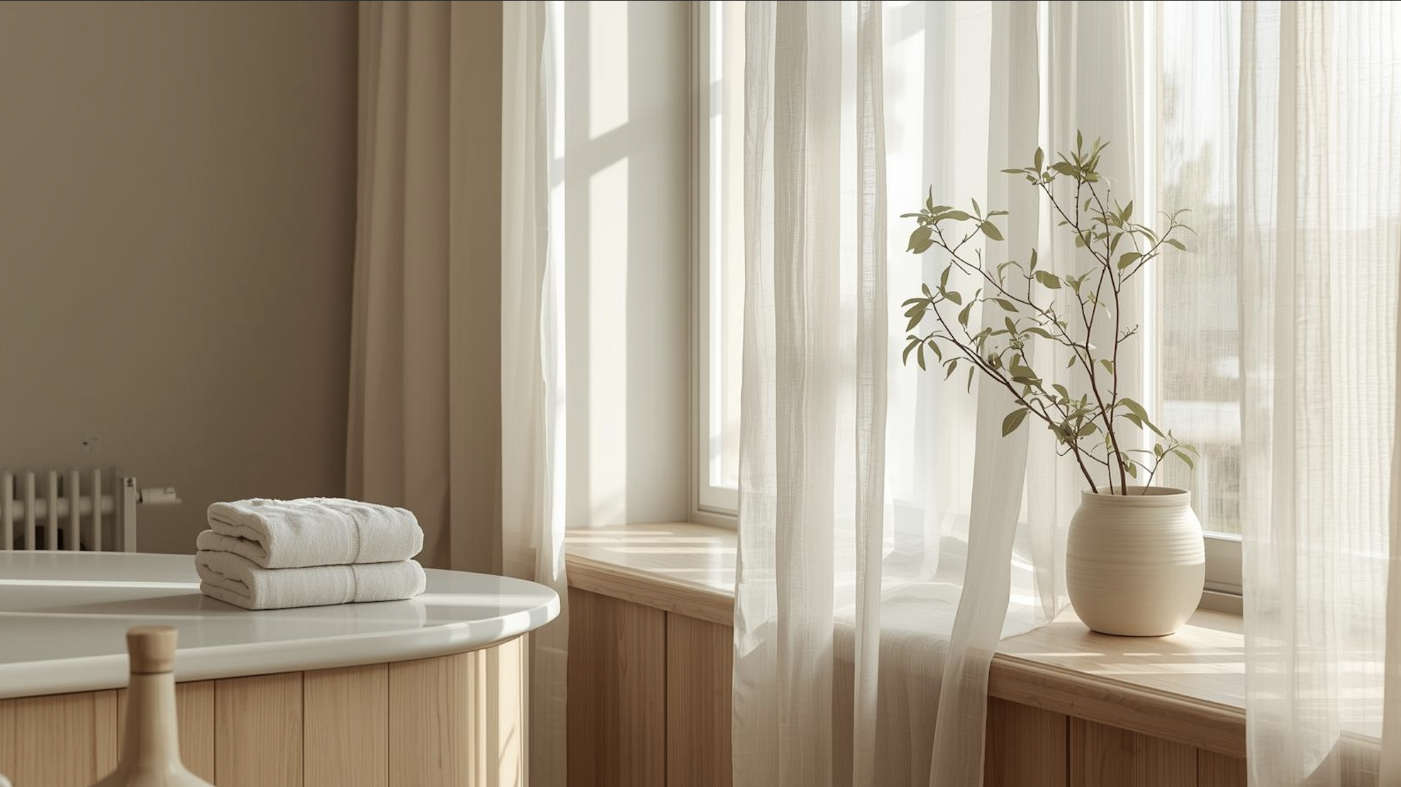 Serene bathroom with folded towels and natural light