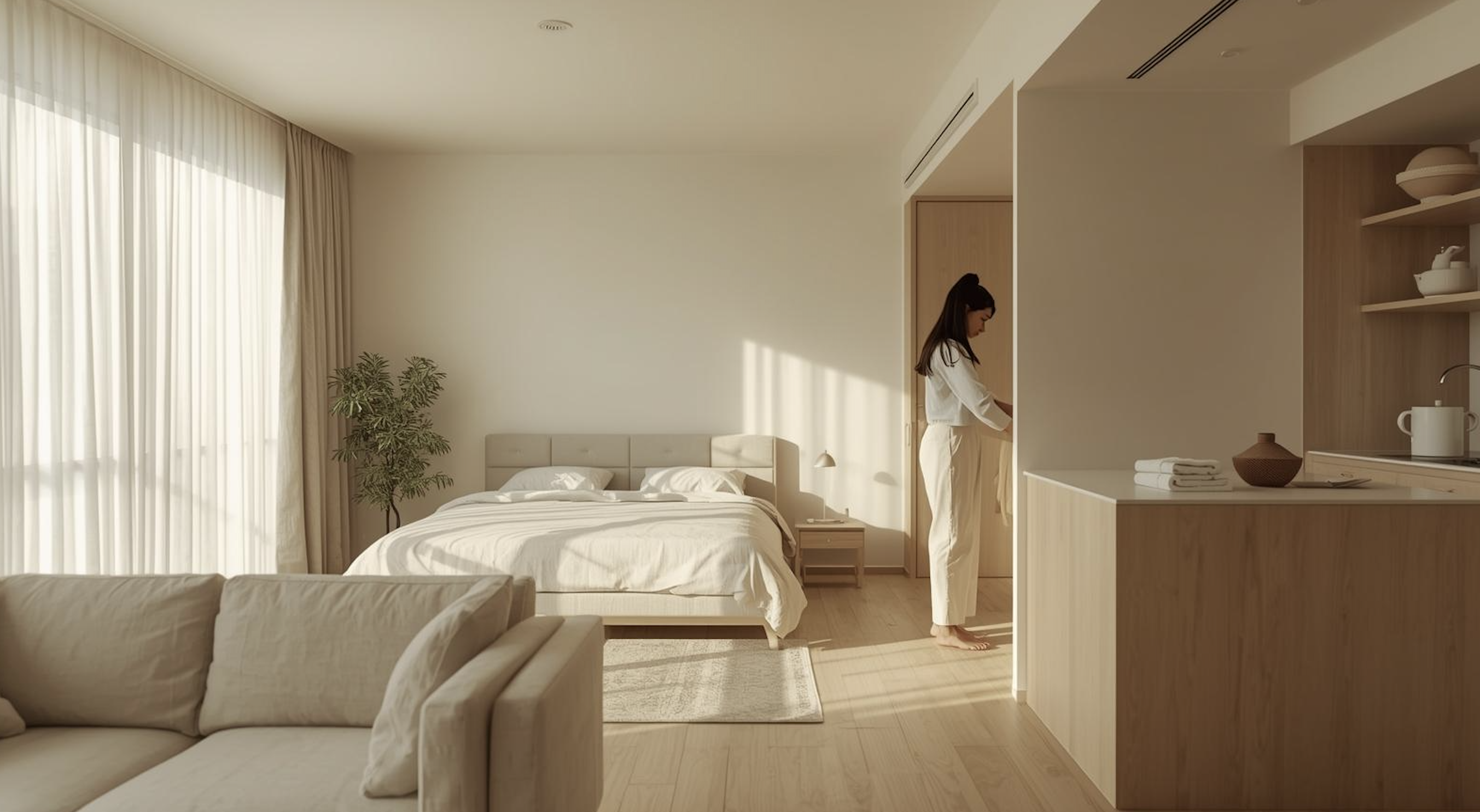 Woman enjoying her clean, serene studio apartment